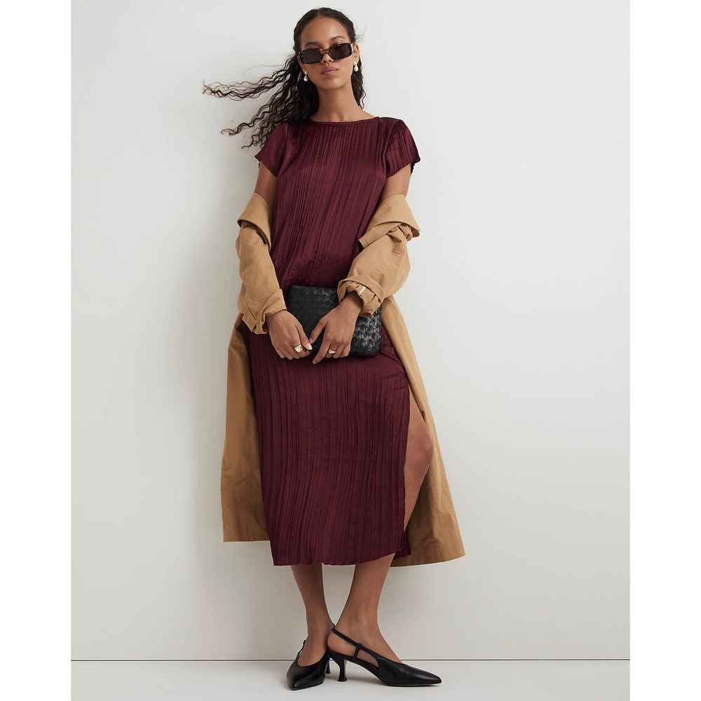 MADEWELL Mullberry Wine  Kourtney Short-Sleeve Slip Midi Dress Plissé NWT XXS - Picture 2 of 10